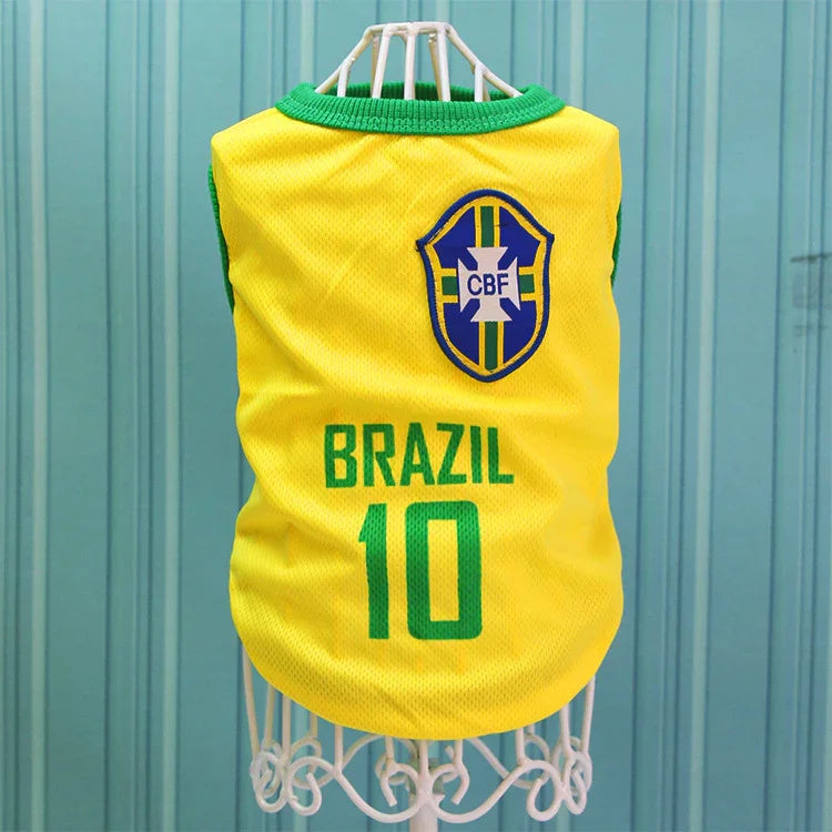 Yellow Brazil dog jersey with number 10 and CBF logo on a mannequin