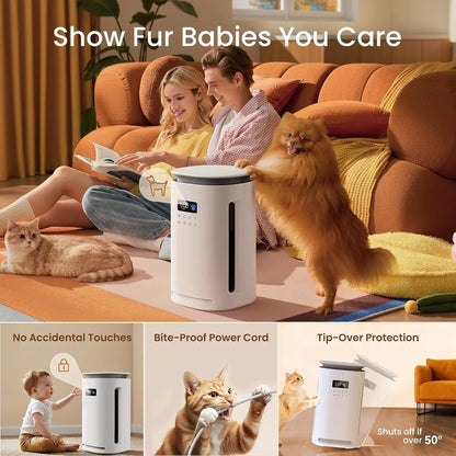 Smart pet feeder with safety features in a cozy living room, cats and dog interacting nearby.