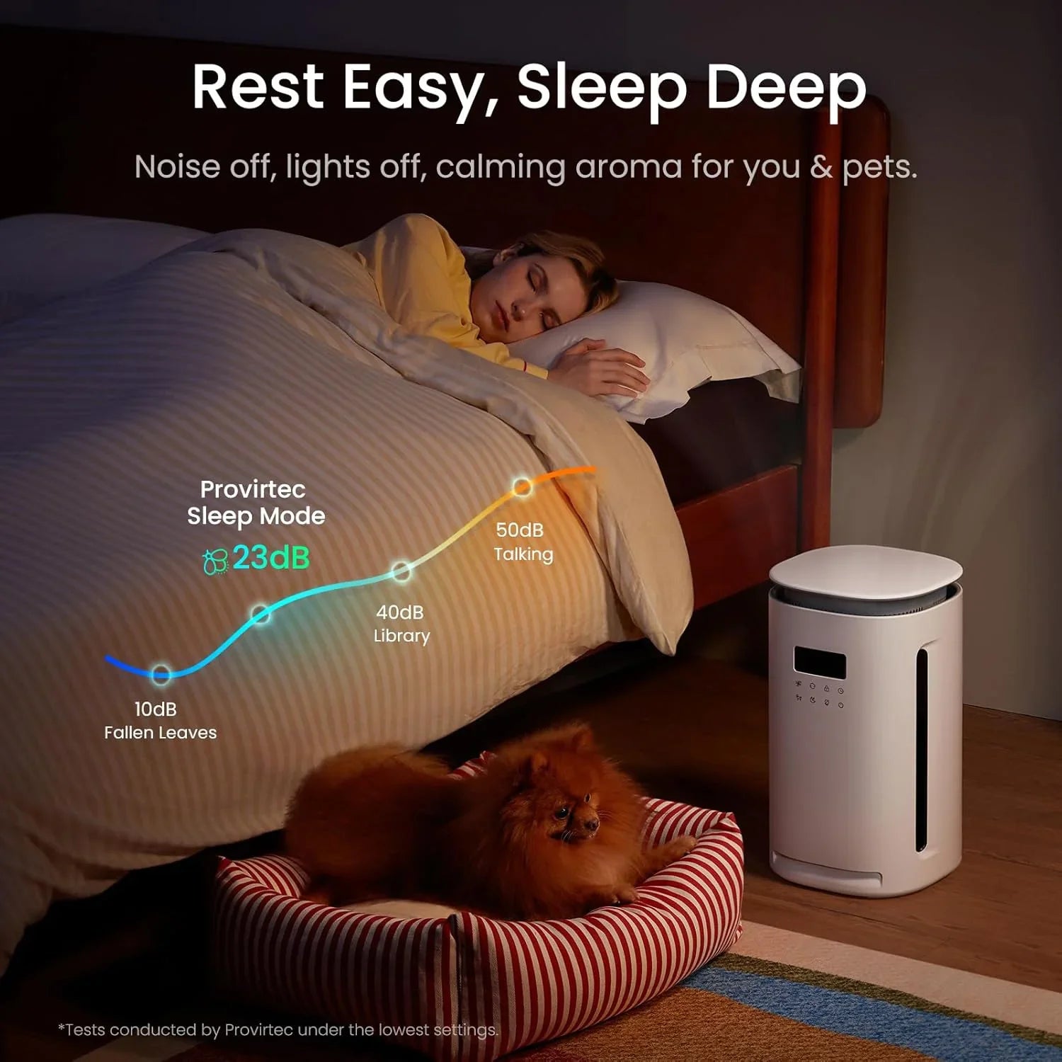 Woman sleeping in bed with aroma diffuser and dog in pet bed, peaceful bedroom setting.