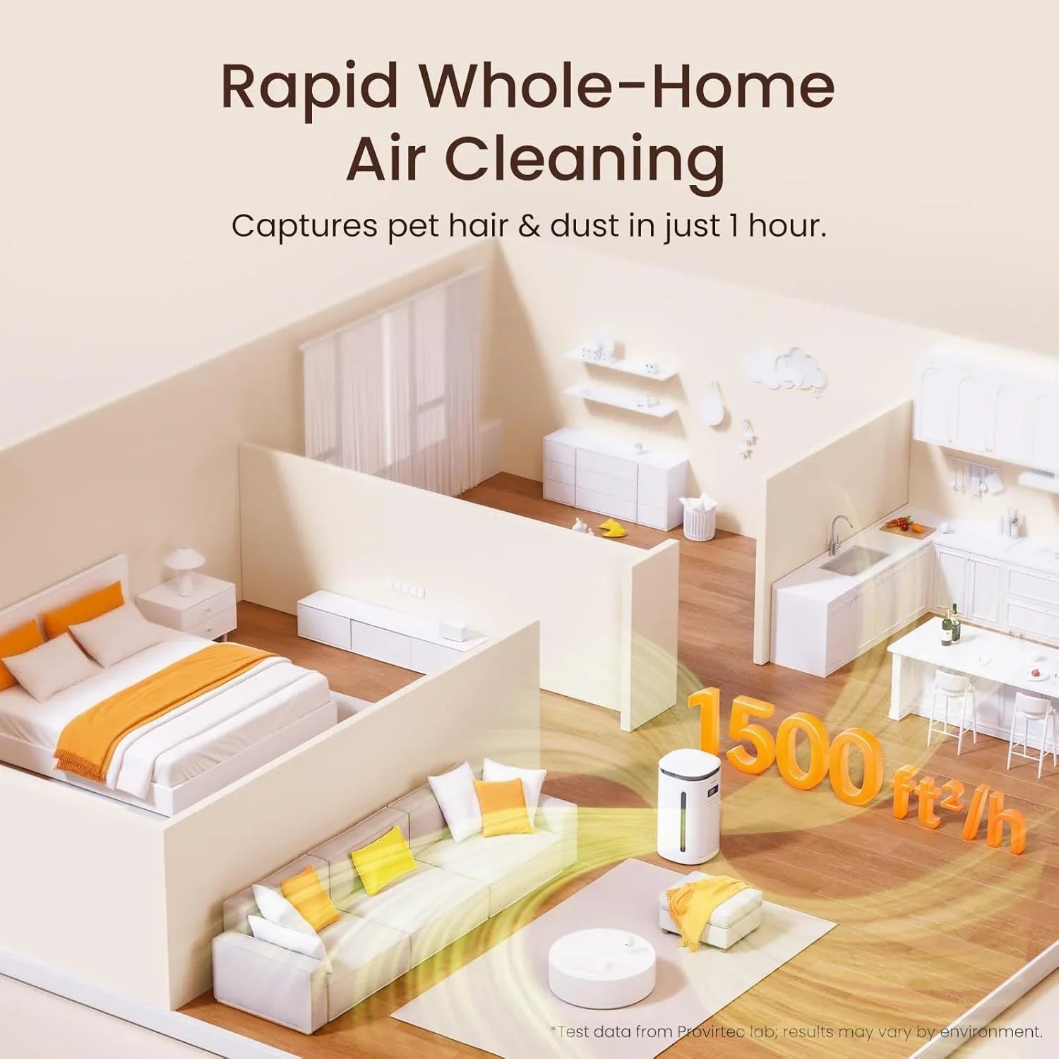 Home air purifier in modern apartment, showing rapid whole-home air cleaning coverage.