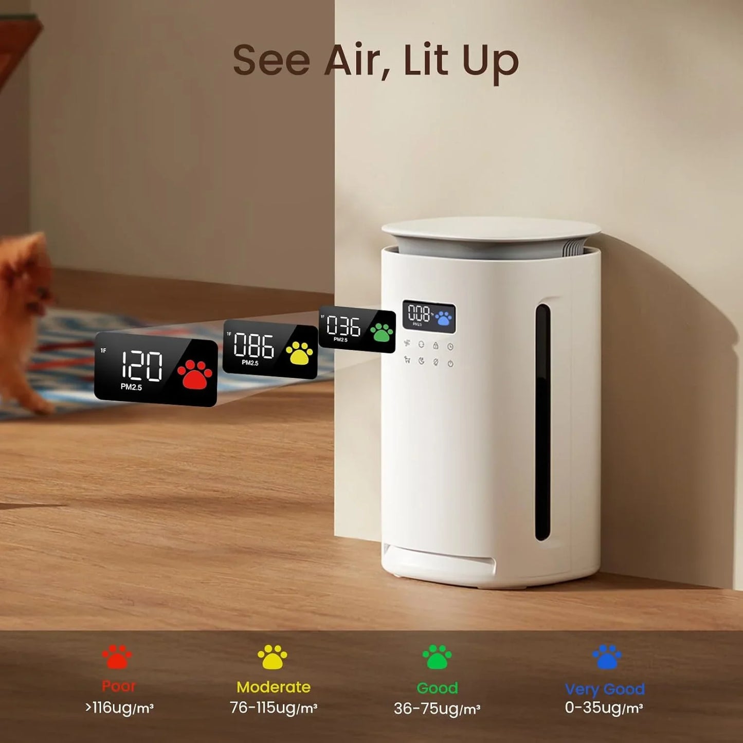 Smart air purifier with digital air quality display, color-coded indicators, and pet-friendly home setting