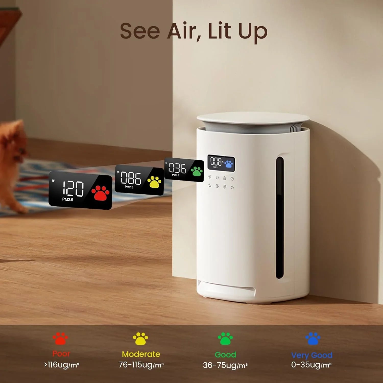 Smart air purifier with digital air quality display, color-coded indicators, and pet-friendly home setting